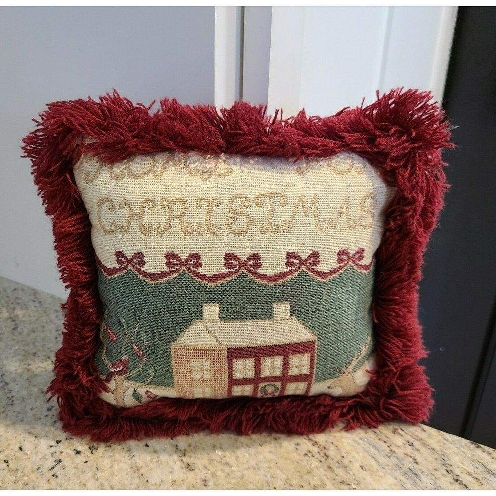 Vintage RIVERDALE Home For Christmas Tapestry 9" Square Pillow Fringe USA!